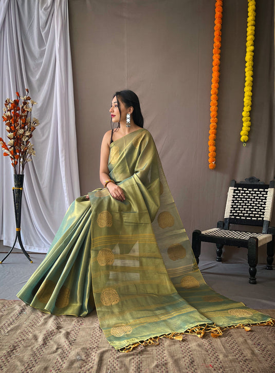 Mint Green Classic Tissue Silk Zari Weaving With Mango Border Saree