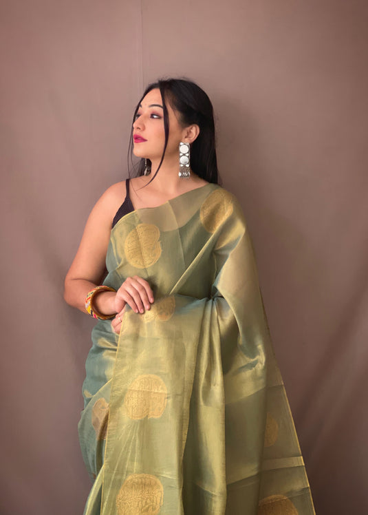 Mint Green Classic Tissue Silk Zari Weaving With Mango Border Saree