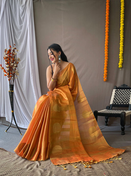 Orange Classic Tissue Silk Zari Weaving With Mango Border Saree