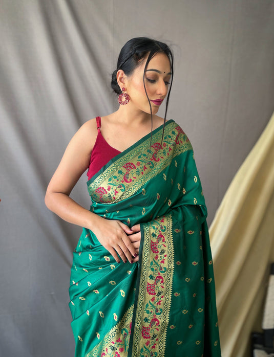 Green Paithani Soft Silk Peacock Motif Saree