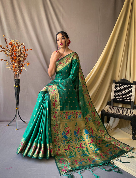 Green Paithani Soft Silk Peacock Motif Saree