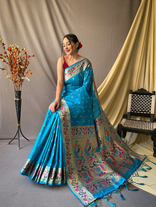 Sky Blue Paithani Soft Silk Peacock Motif Saree