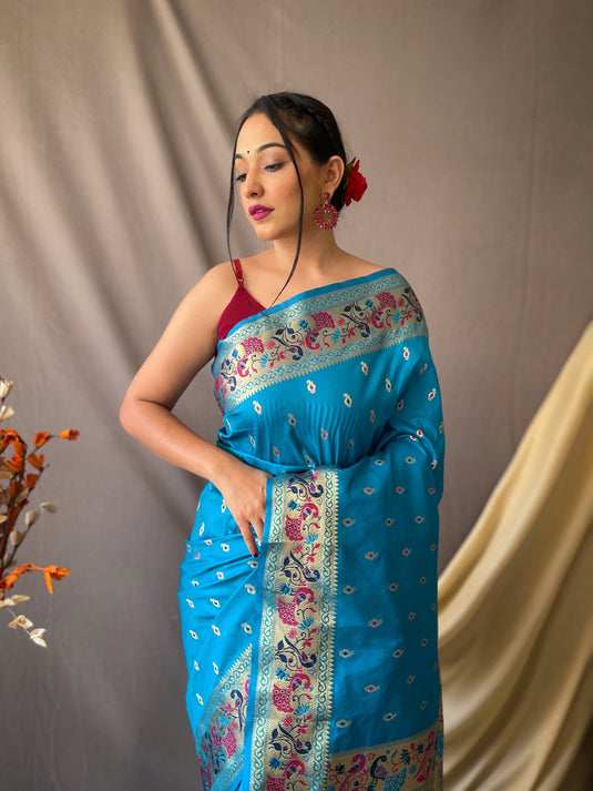 Sky Blue Paithani Soft Silk Peacock Motif Saree