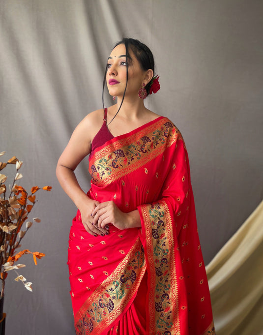 Red Paithani Soft Silk Peacock Motif Saree