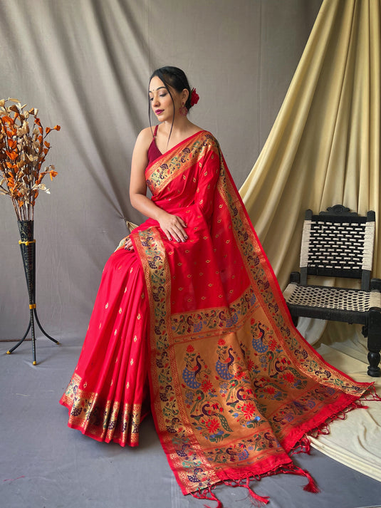 Red Paithani Soft Silk Peacock Motif Saree