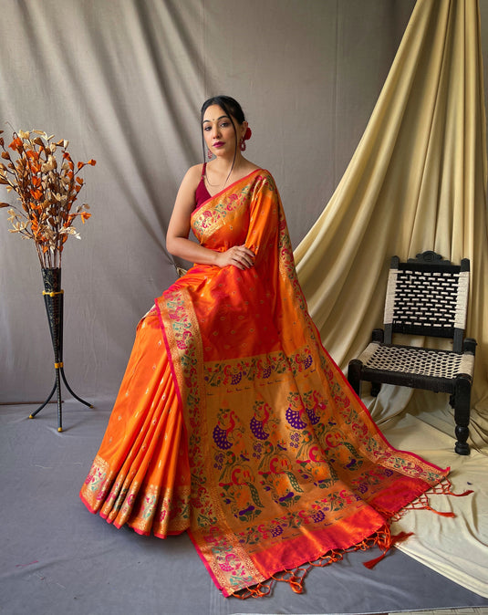 Orange Paithani Soft Silk Peacock Motif Saree