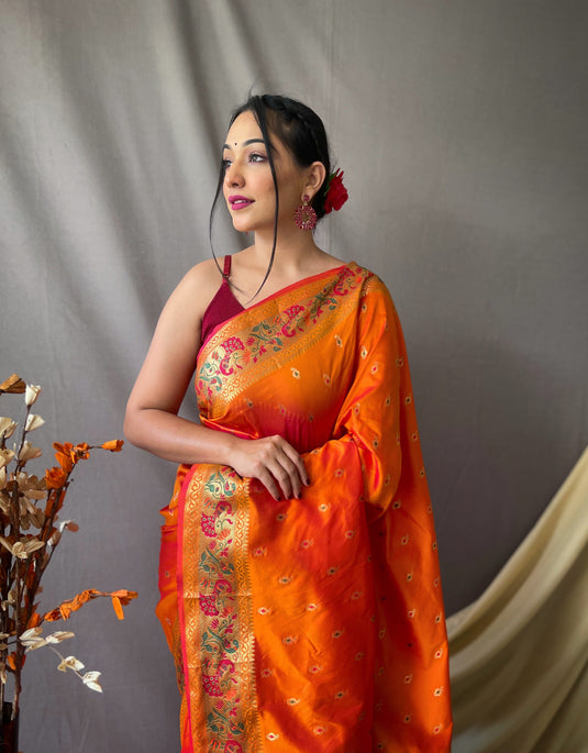 Orange Paithani Soft Silk Peacock Motif Saree