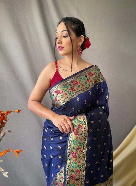 Navy Blue Paithani Soft Silk Peacock Motif Saree