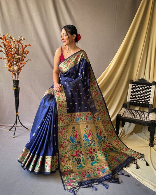 Navy Blue Paithani Soft Silk Peacock Motif Saree