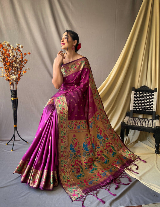 Purple Paithani Soft Silk Peacock Motif Saree