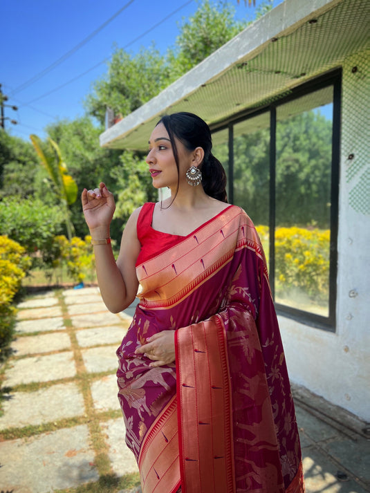 Maroon Traditional Pure Soft Paithani Silk Zari Weaving Saree