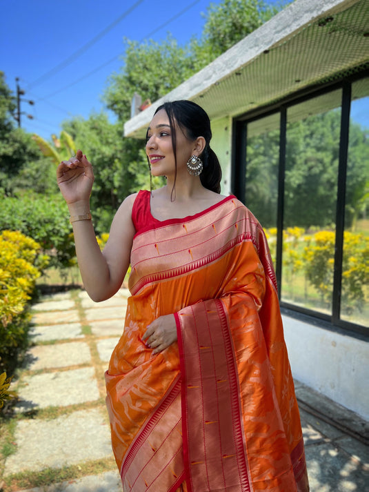 Orange Traditional Pure Soft Paithani Silk Zari Weaving Saree