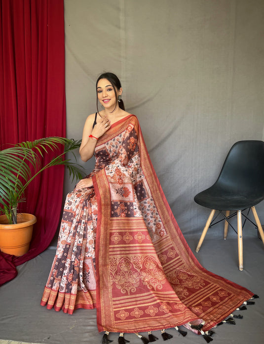 Red Pure Cotton Kashmiri Floral Print Saree