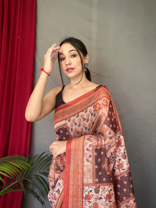 Red Pure Cotton Kashmiri Floral Print Saree