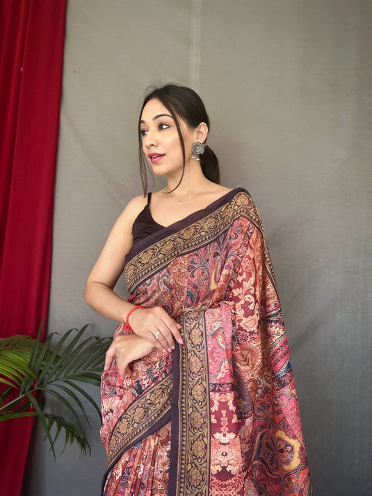 Dark Pink Pure Cotton Kashmiri Floral Print Saree