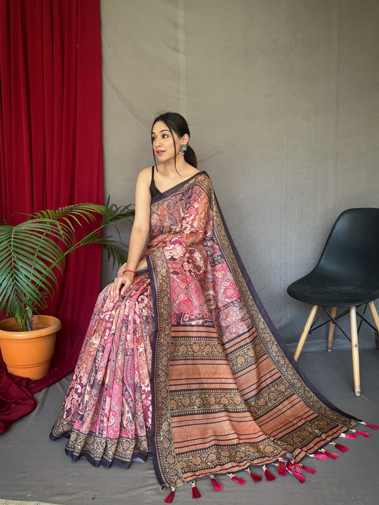 Dark Pink Pure Cotton Kashmiri Floral Print Saree