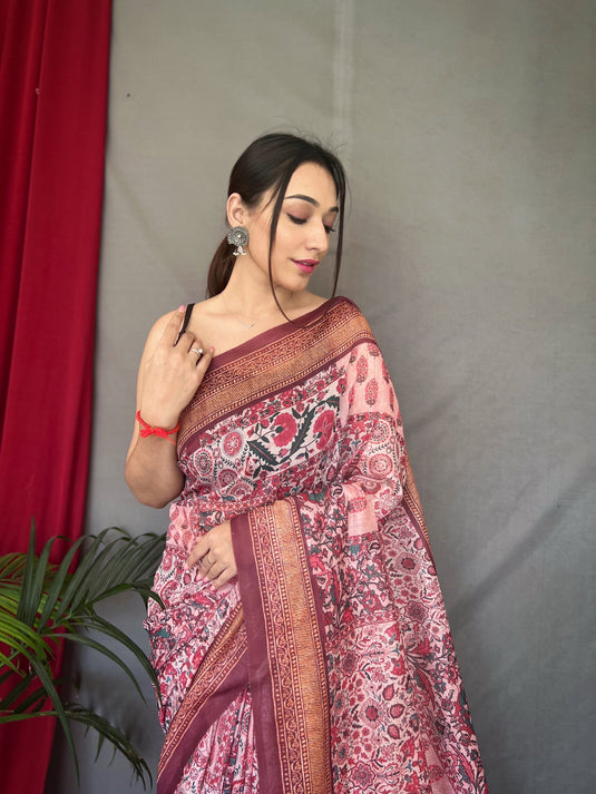 Light Pink Pure Cotton Kashmiri Floral Print Saree