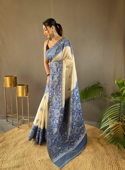 White-Blue Tussar Warli Art Inspired Border Saree