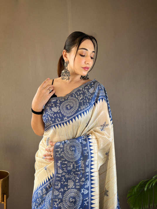 White-Blue Tussar Warli Art Inspired Border Saree