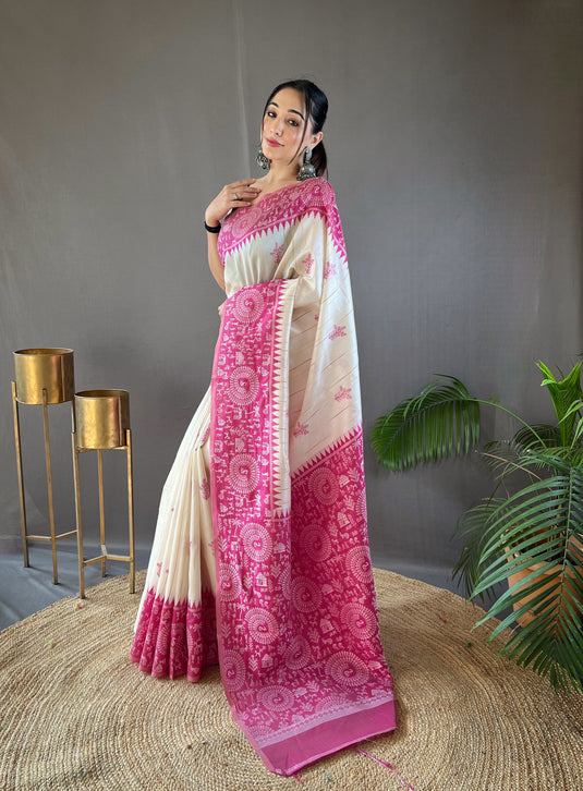 White-Pink Tussar Warli Art Inspired Border Saree