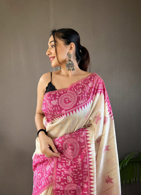 White-Pink Tussar Warli Art Inspired Border Saree