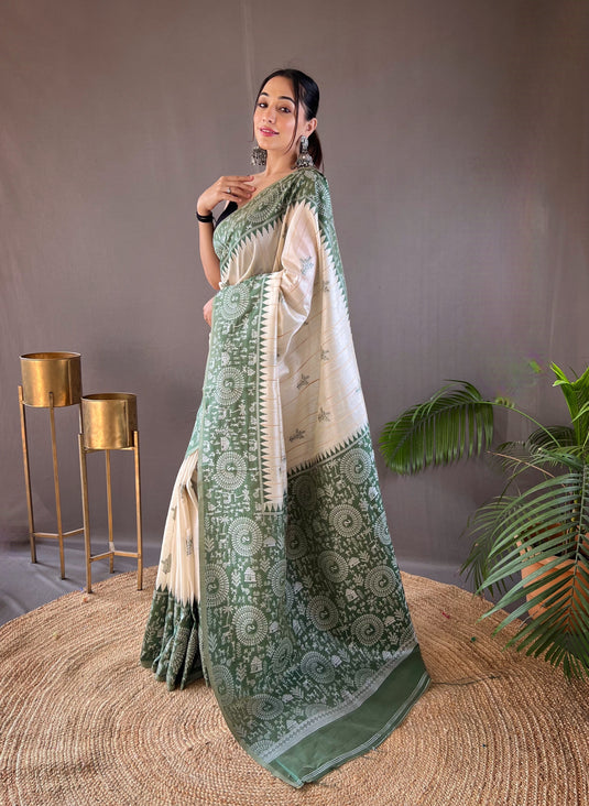 White-Green Tussar Warli Art Inspired Border Saree