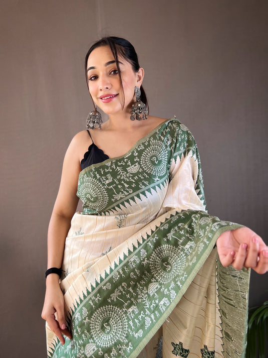 White-Green Tussar Warli Art Inspired Border Saree