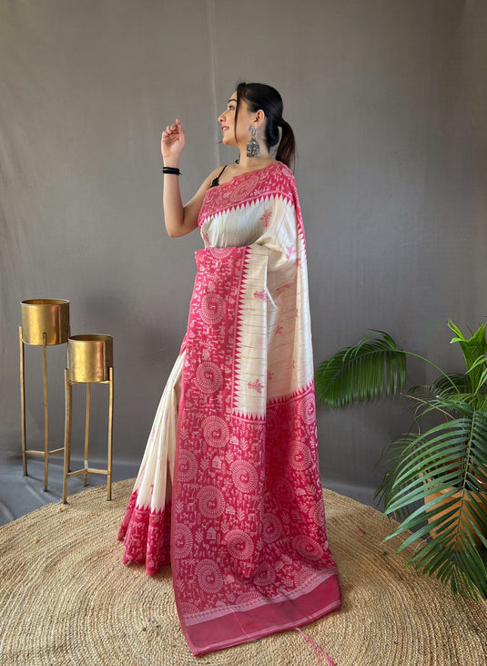 White-Red Tussar Warli Art Inspired Border Saree