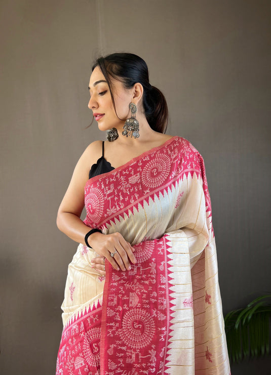 White-Red Tussar Warli Art Inspired Border Saree