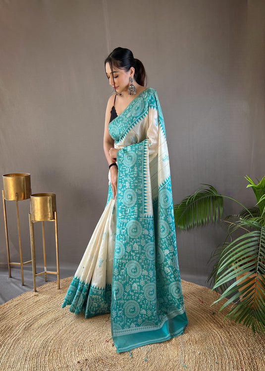 White-Sky Blue Tussar Warli Art Inspired Border Saree