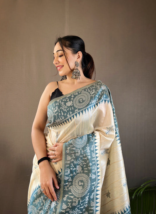 White-Grey Tussar Warli Art Inspired Border Saree