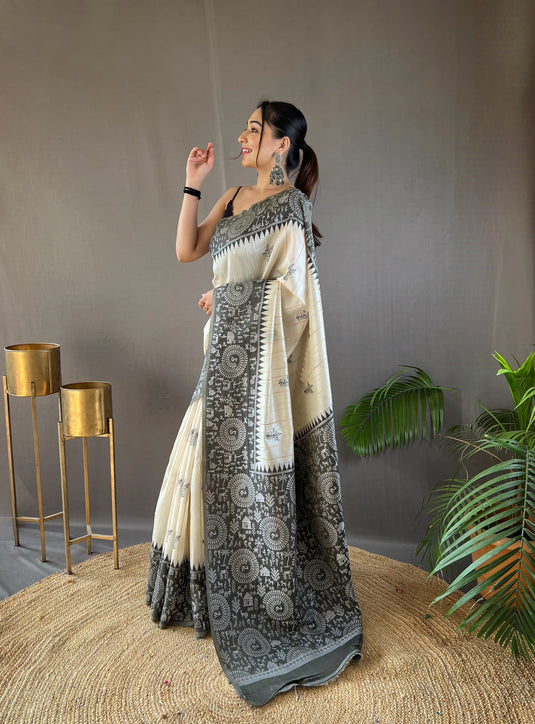 White-Black Tussar Warli Art Inspired Border Saree