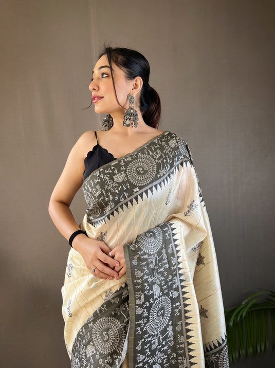 White-Black Tussar Warli Art Inspired Border Saree