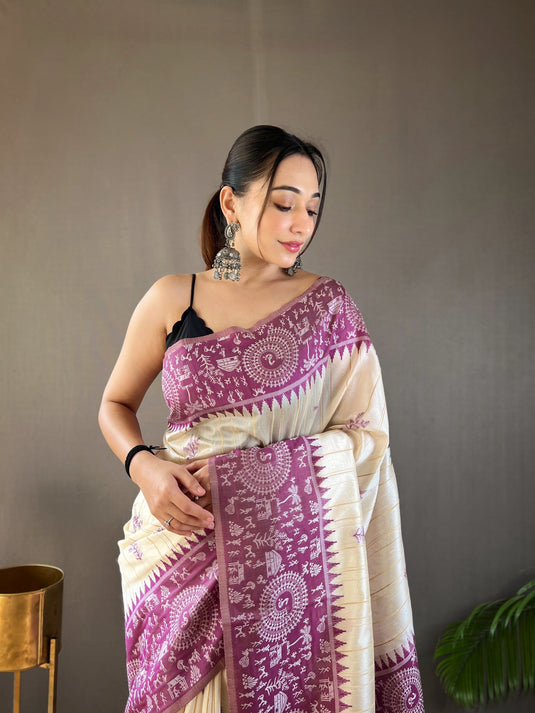 White-Purple Tussar Warli Art Inspired Border Saree