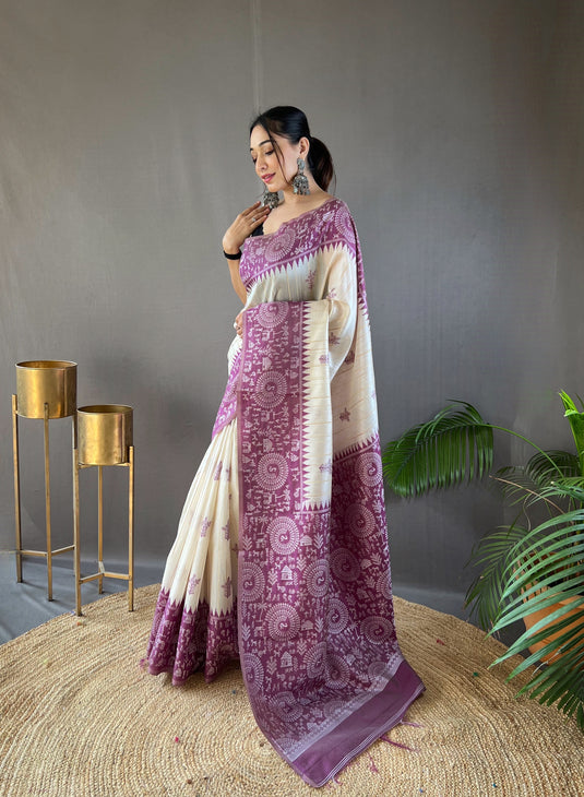 White-Purple Tussar Warli Art Inspired Border Saree