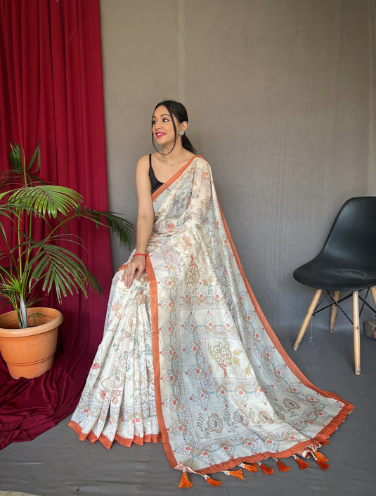 White-Orange Pure Malai Cotton Kantha Print Saree