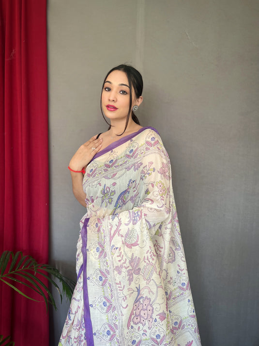 White-Purple Pure Malai Cotton Kantha Print Saree