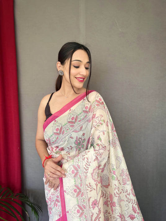 White-Pink Pure Malai Cotton Kantha Print Saree