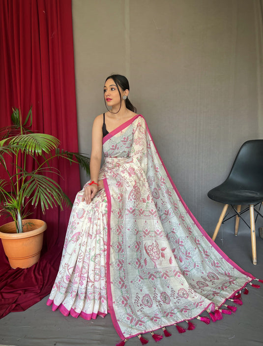 White-Pink Pure Malai Cotton Kantha Print Saree