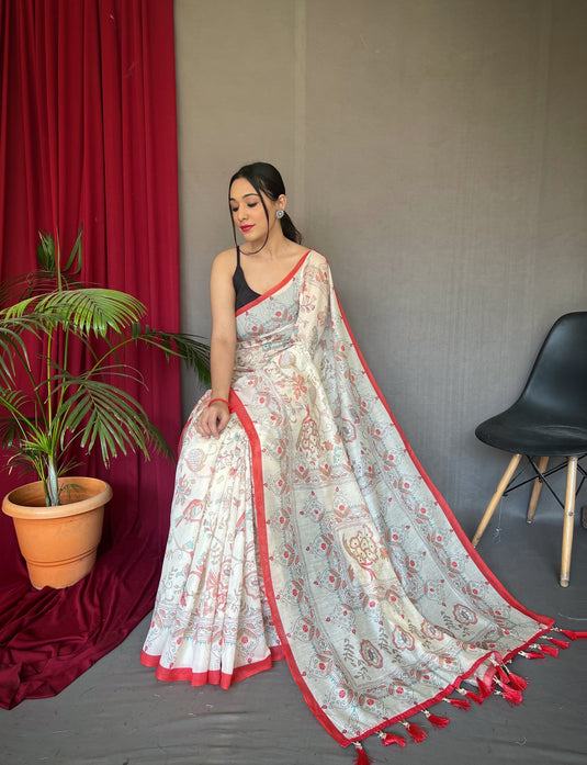 White-Red Pure Malai Cotton Kantha Print Saree