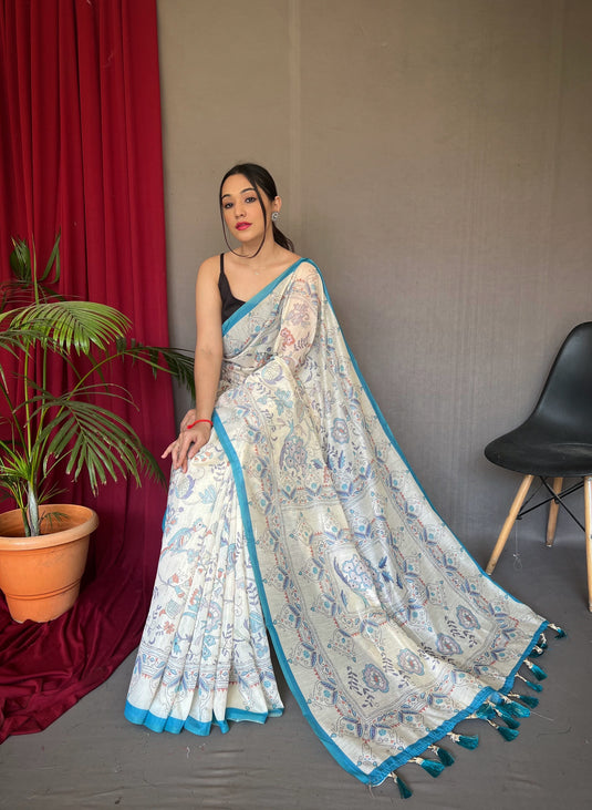 White-Sky Blue Pure Malai Cotton Kantha Print Saree