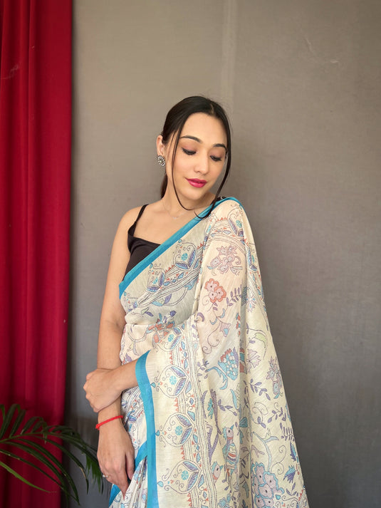 White-Sky Blue Pure Malai Cotton Kantha Print Saree