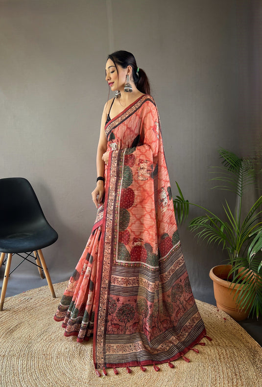 Red pure soft cotton tussar silk elegant print saree