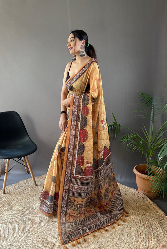 Mustard Yellow pure soft cotton tussar silk elegant print saree