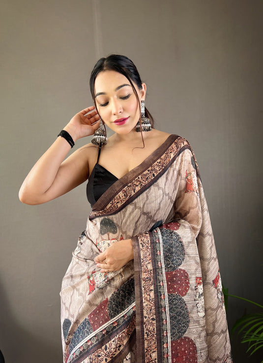 Light Grey pure soft cotton tussar silk elegant print saree