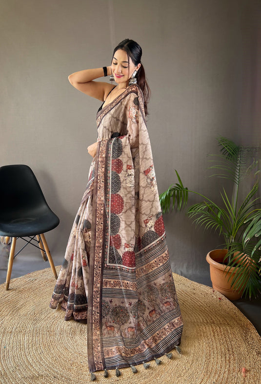 Light Grey pure soft cotton tussar silk elegant print saree