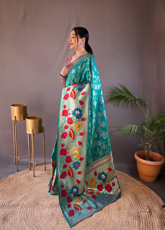 Sky Blue Soft Paithani Silk Rich Weaving Traditional Saree