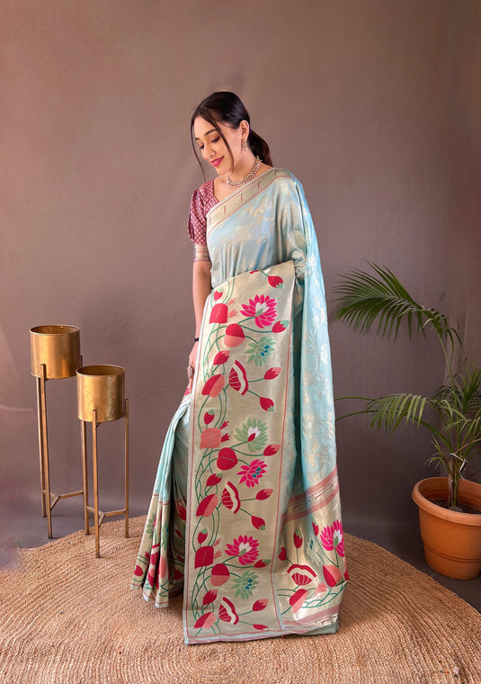 Powder Blue Soft Paithani Silk Rich Weaving Traditional Saree