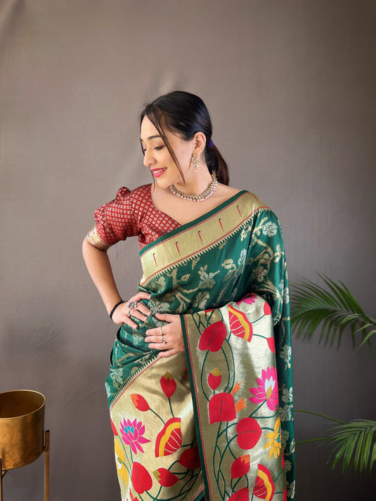 Bottle Green Soft Paithani Silk Rich Weaving Traditional Saree