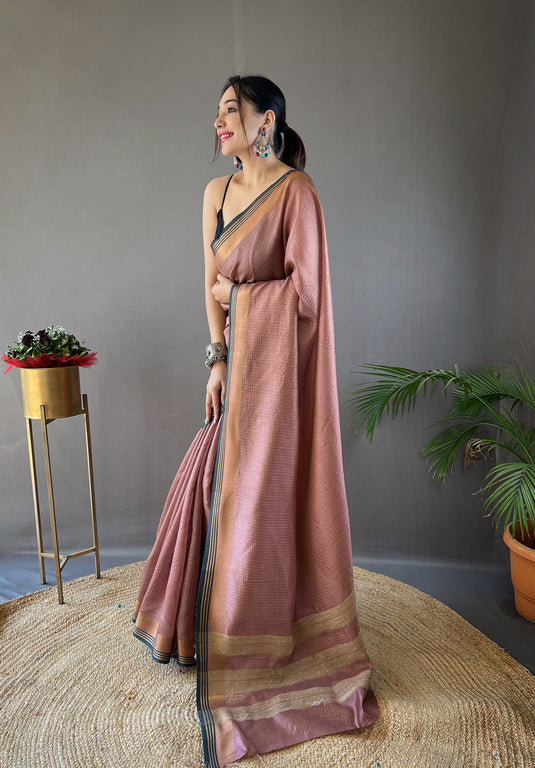 Mauve Soft Silk Zari Check Weaving Design Saree